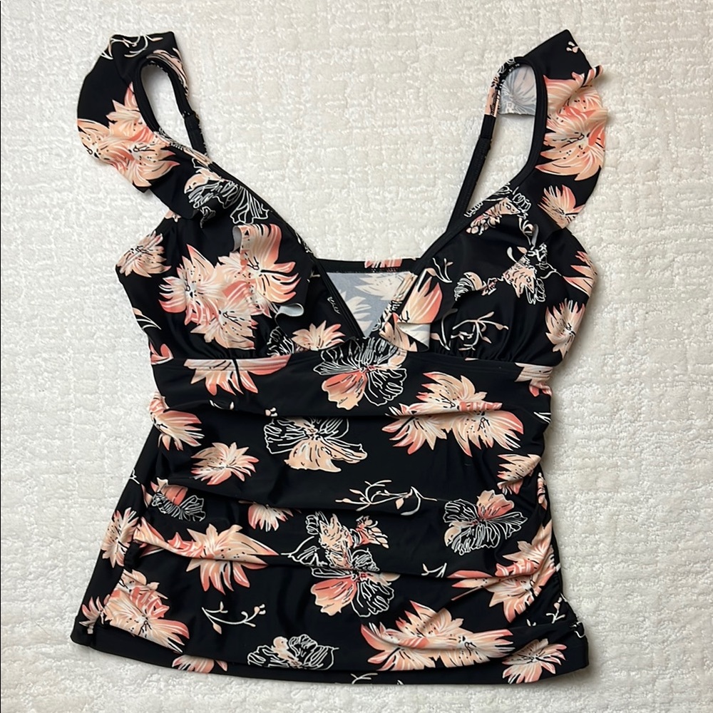 Hilor Floral Black Pink Tankini Swim Top v-neck ruffle accent fitted padded 12